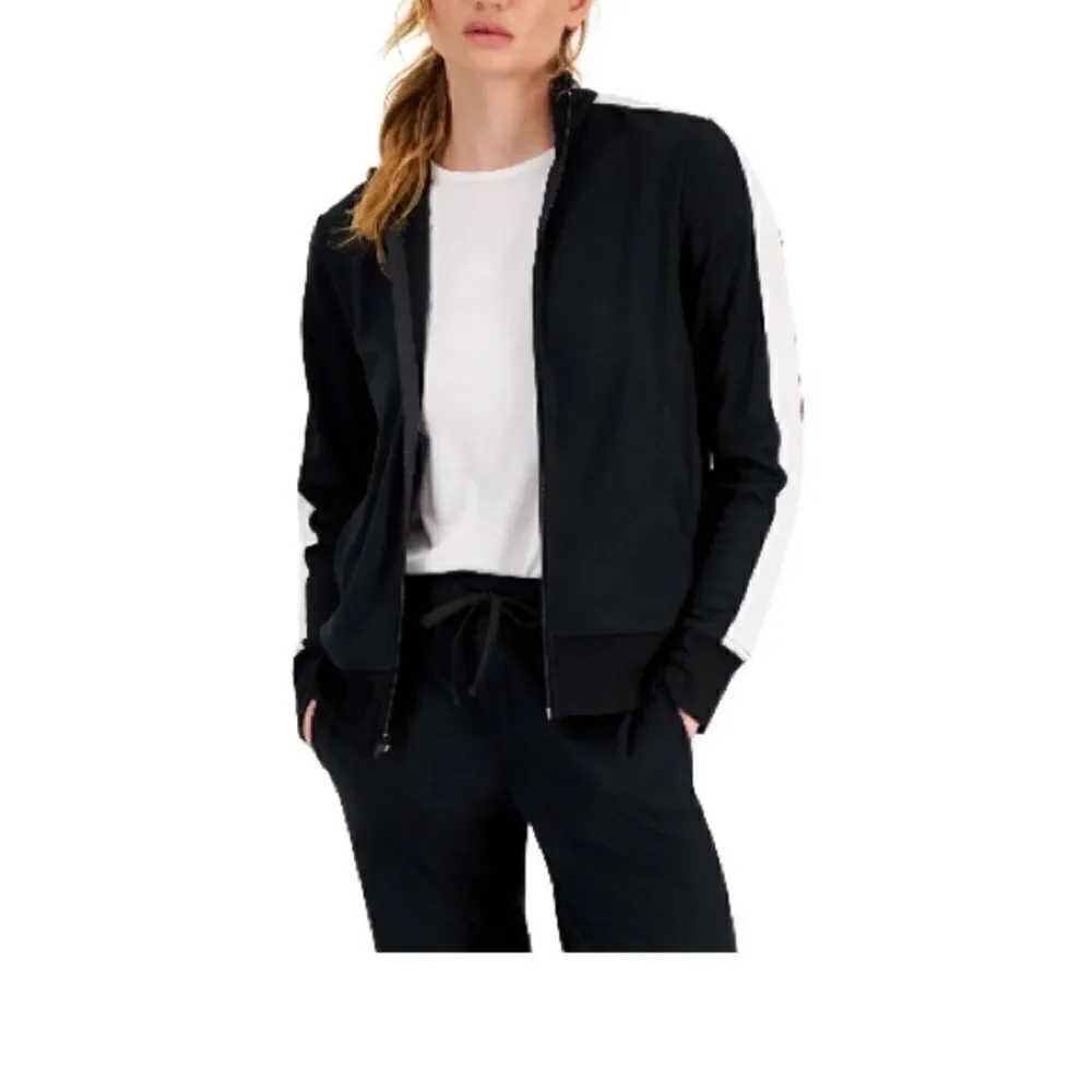 ID Ideology Full Zip Striped Sleeve Track Jacket Women's L Deep Black/White~